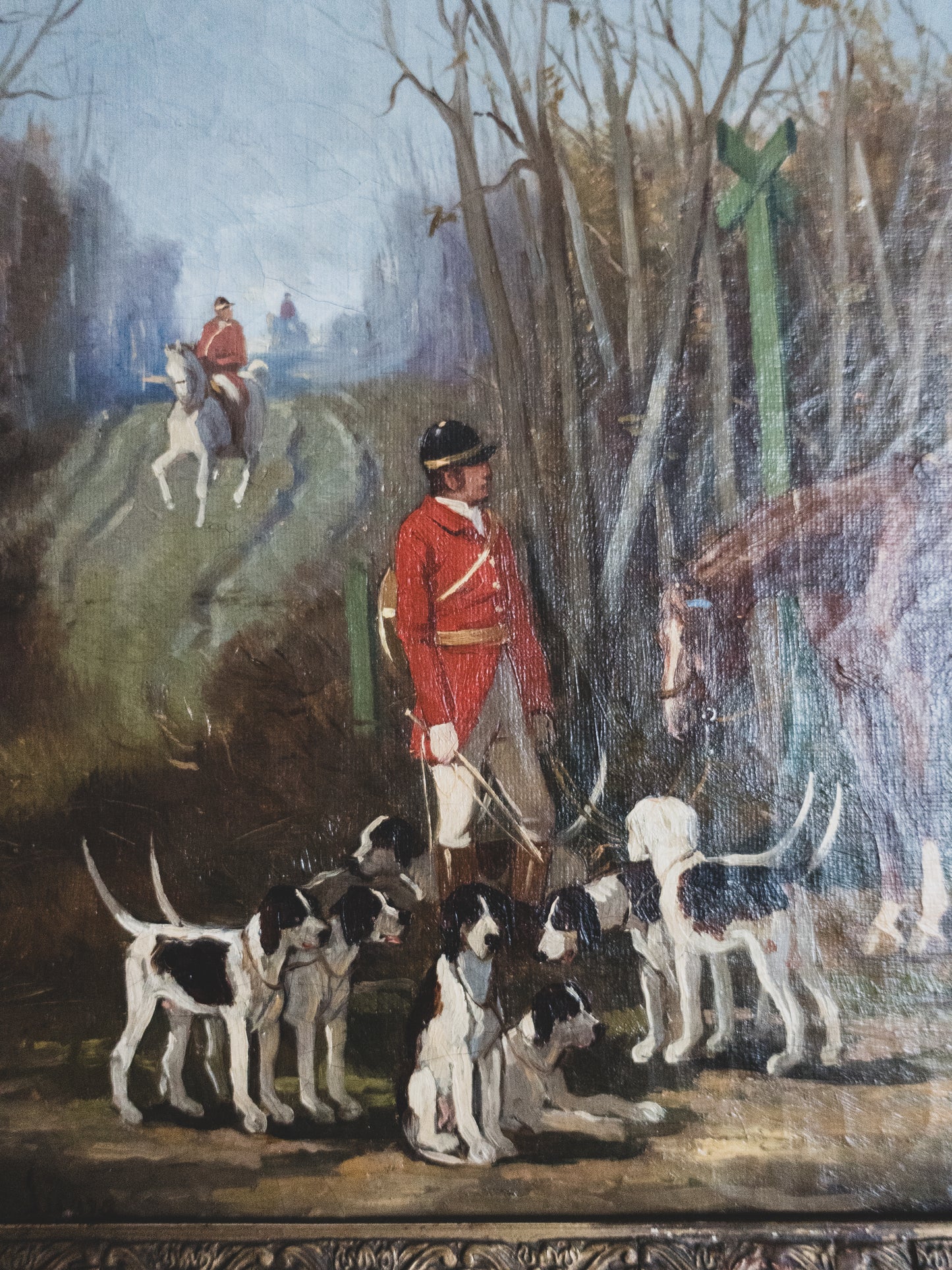 19th c. Equestrian Hunt with Hounds - Oil on Canvas
