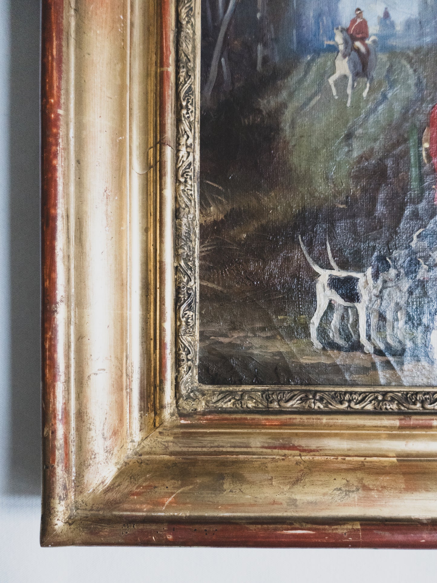 19th c. Equestrian Hunt with Hounds - Oil on Canvas