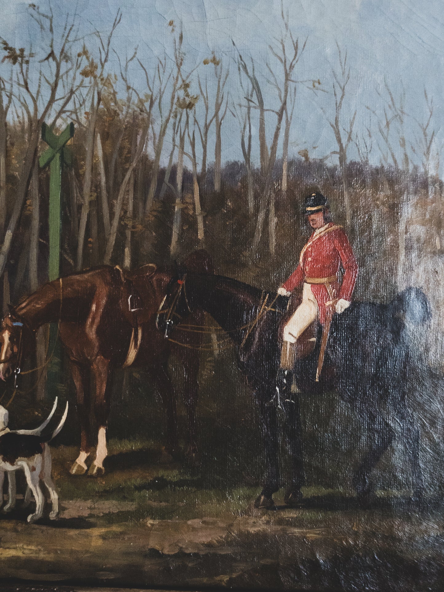 19th c. Equestrian Hunt with Hounds - Oil on Canvas