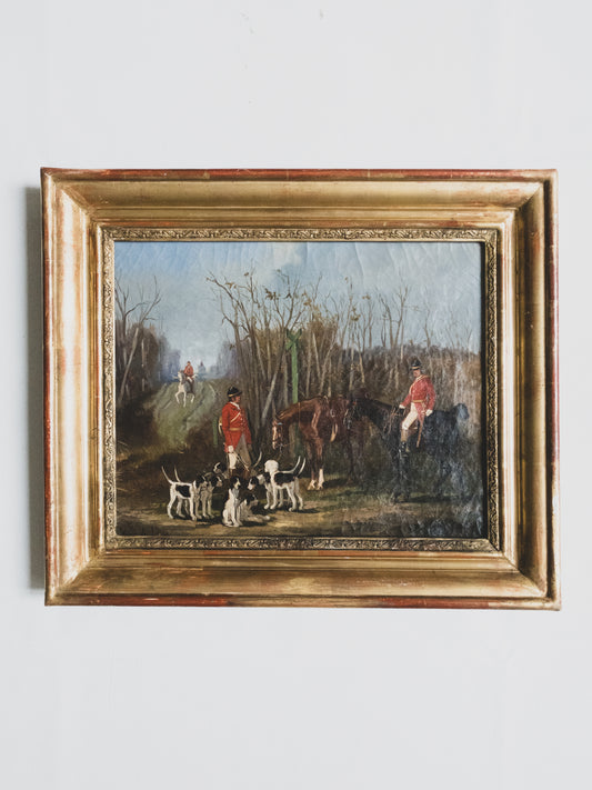 19th c. Equestrian Hunt with Hounds - Oil on Canvas