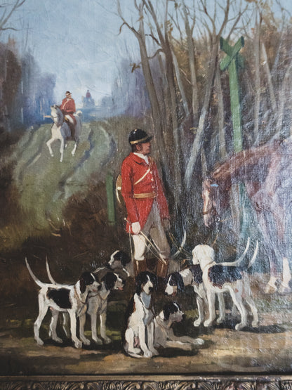 19th c. Equestrian Hunt with Hounds - Oil on Canvas