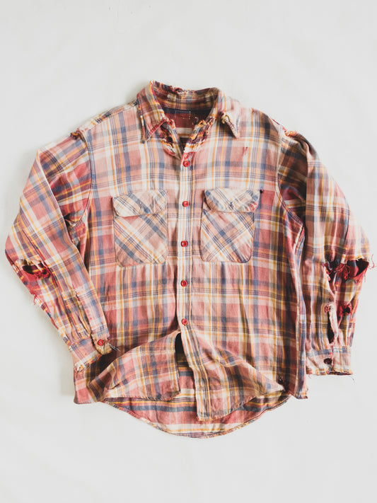 1940s Rare Beautifully Faded Tattered Cotton Flannel - M