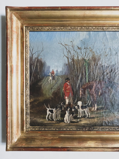 19th c. Equestrian Hunt with Hounds - Oil on Canvas